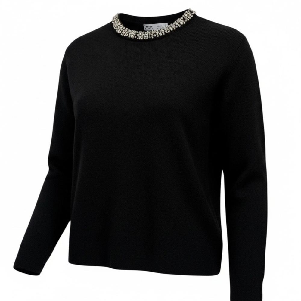 Zara Jewel Neck Black Knit Sweater Small EUC - Picture 2 of 13